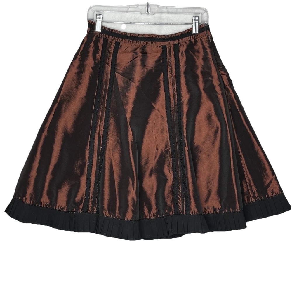 BASIL & MAUDE Anthropologie 4 Shimmer Deep Red Black‎ Trim Ruffle A-line Skirt